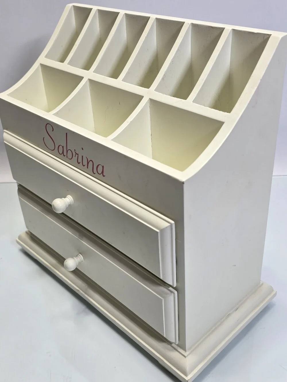 Personalized Sabrina White Wooden Desktop Organizer 2 Drawers 9 Compartments 12